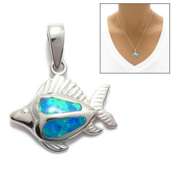 CHARMING STERLING SILVER CREATED OPAL FISH PENDANT - Picture 1 of 3